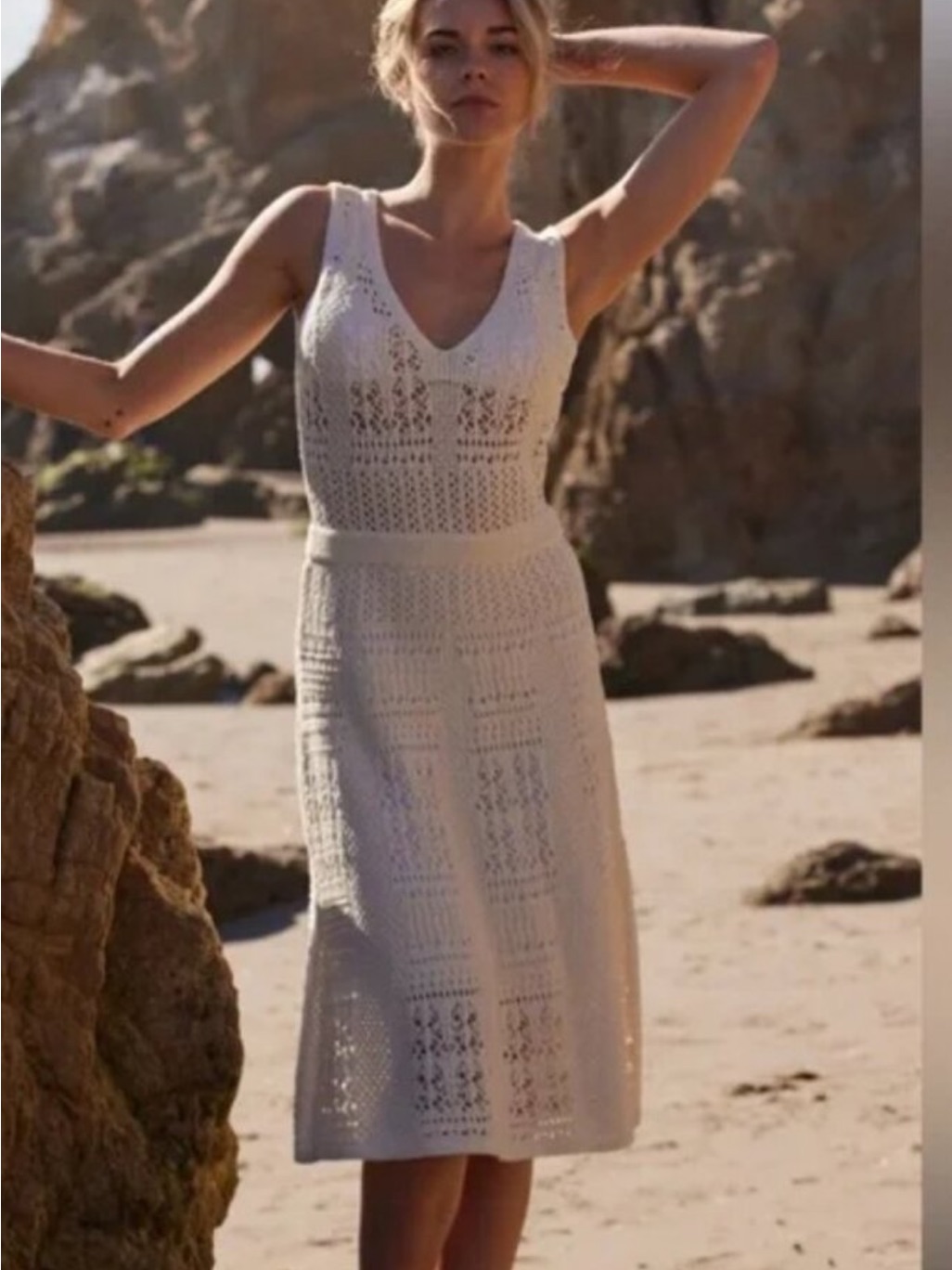 Minnie Rose Cream Crochet Vneck Midi Dress